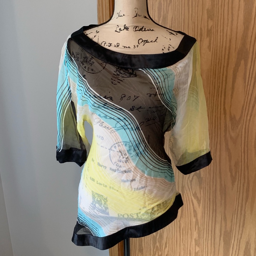 Bebe small sheer blouse striped black satin detail